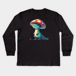 Cute Mushroom Hat Dinosaur Tyrannosaurus Rex Kids Long Sleeve T-Shirt